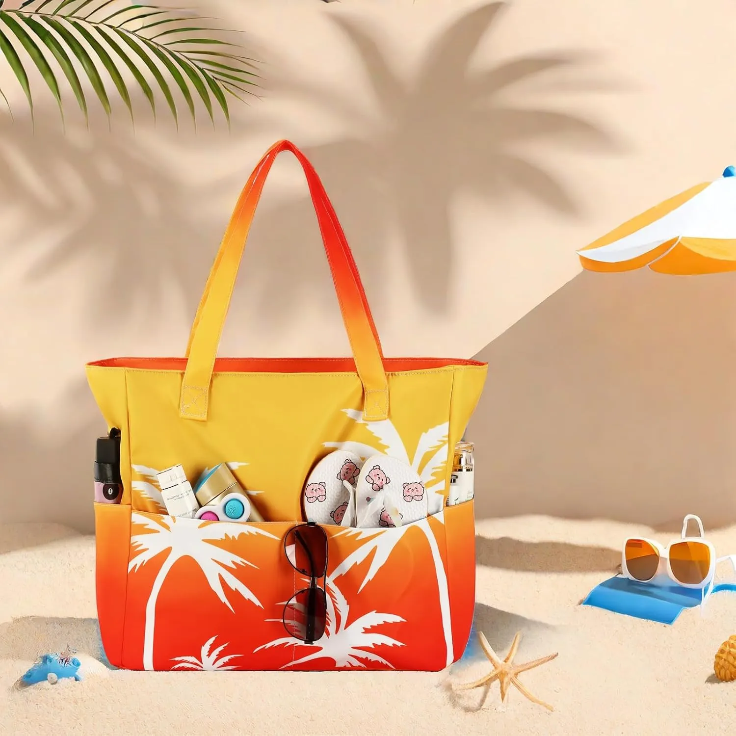 LEDAOU Beach Bag Waterproof Sandproof Women Tote Bag Pool Bag with Zipper for Gym Grocery Travel with Wet Pocket