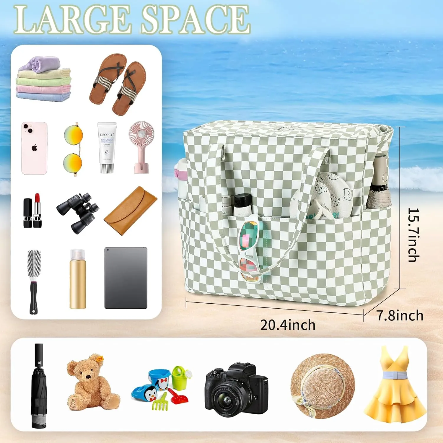 LEDAOU Beach Bag Waterproof Sandproof Women Tote Bag Pool Bag with Zipper for Gym Grocery Travel with Wet Pocket