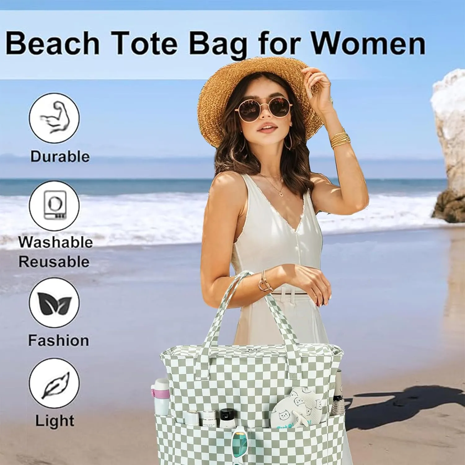 LEDAOU Beach Bag Waterproof Sandproof Women Tote Bag Pool Bag with Zipper for Gym Grocery Travel with Wet Pocket