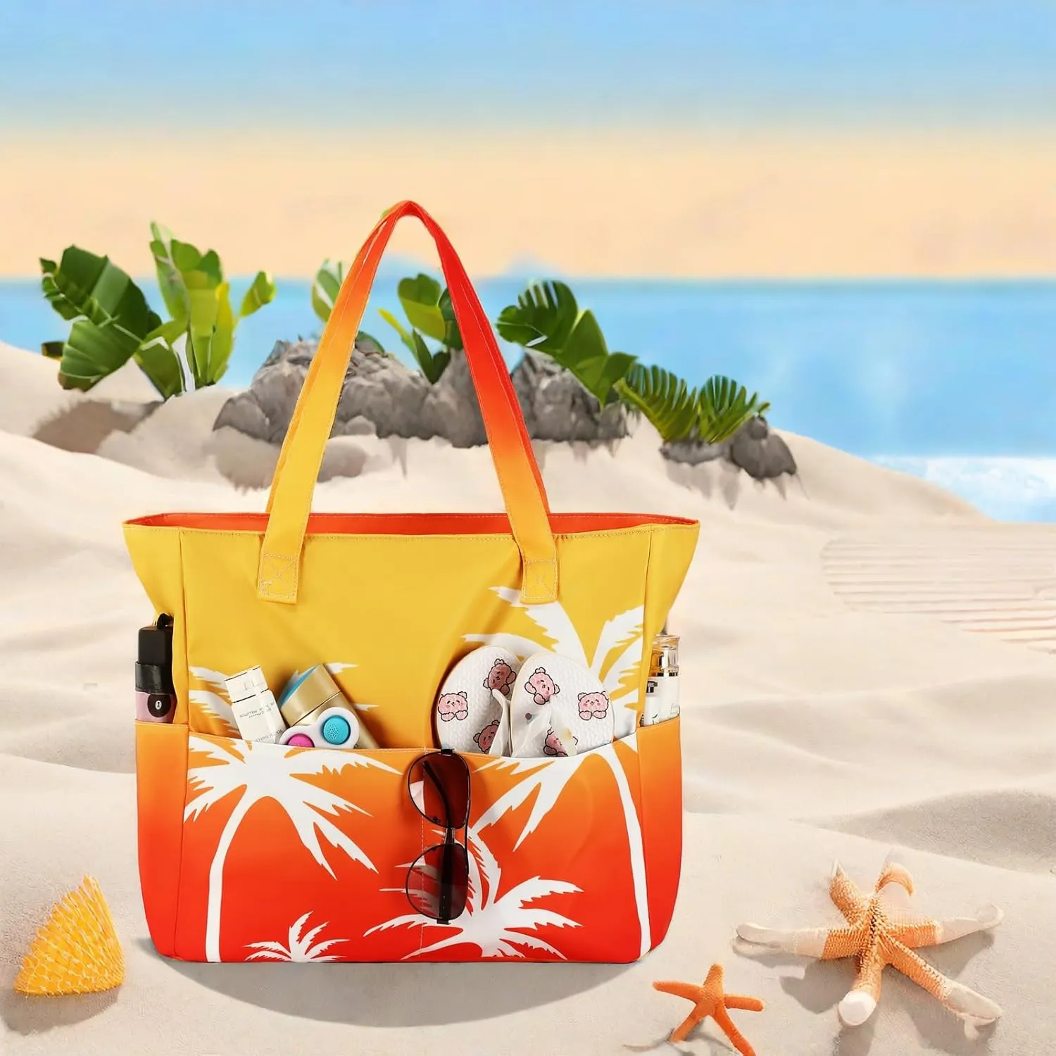 LEDAOU Beach Bag Waterproof Sandproof Women Tote Bag Pool Bag with Zipper for Gym Grocery Travel with Wet Pocket