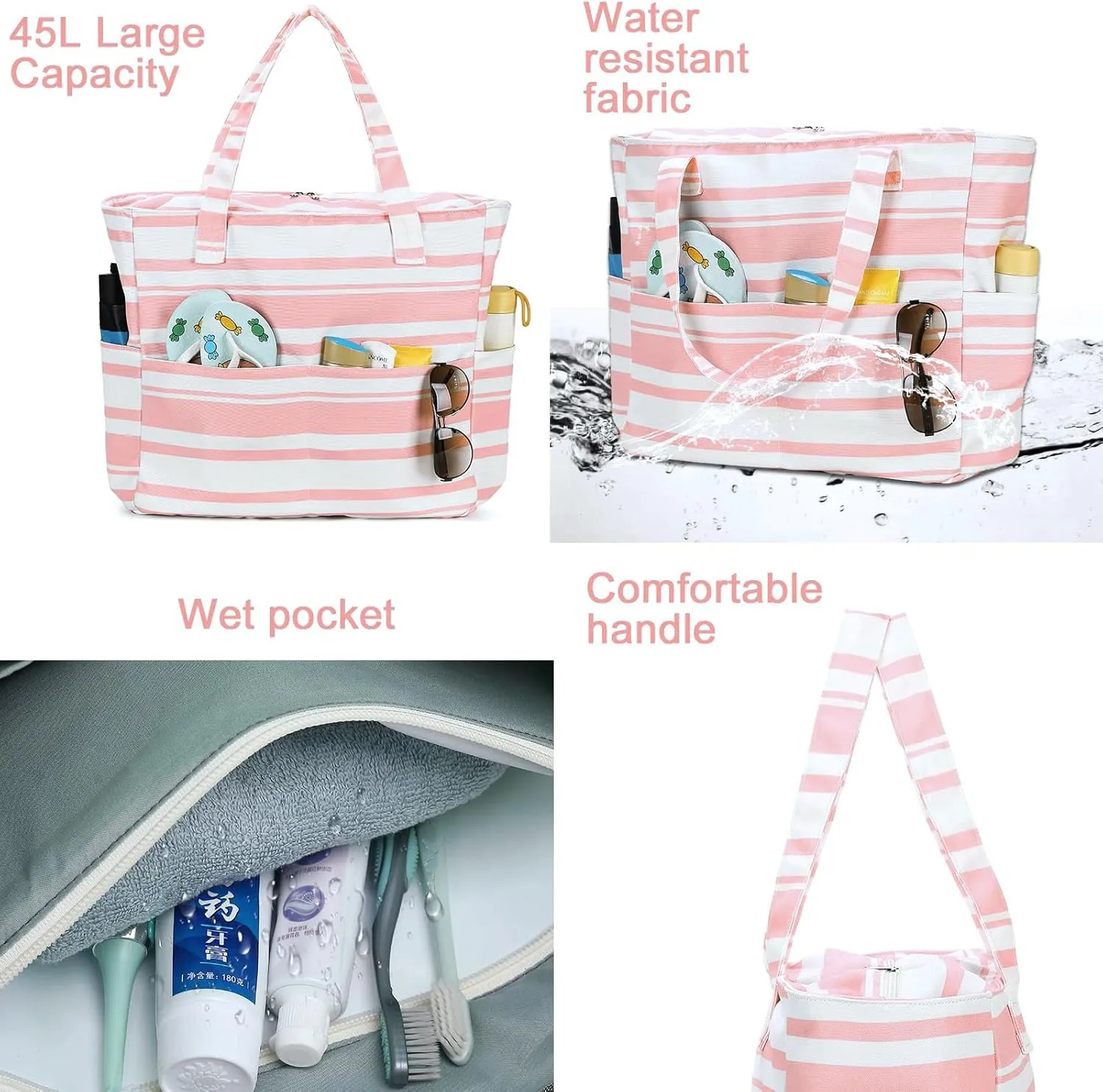 LEDAOU Beach Bag Waterproof Sandproof Women Tote Bag Pool Bag with Zipper for Gym Grocery Travel with Wet Pocket