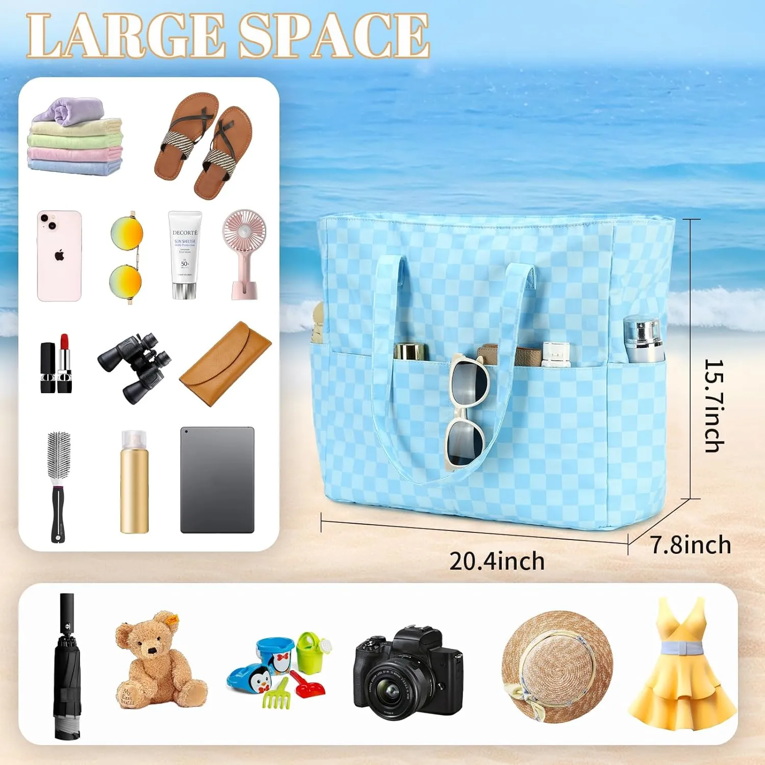 LEDAOU Beach Bag Waterproof Sandproof Women Tote Bag Pool Bag with Zipper for Gym Grocery Travel with Wet Pocket