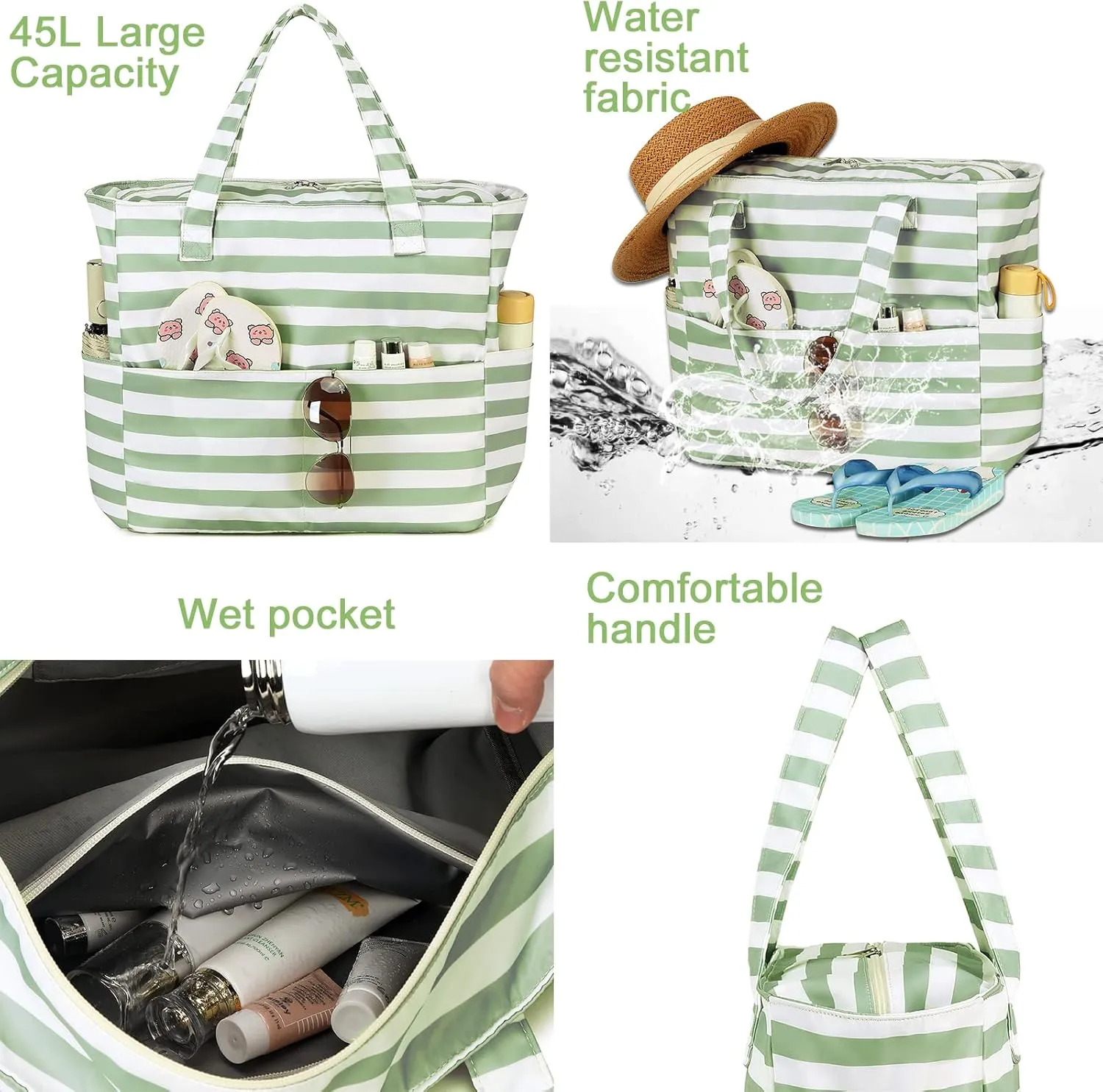LEDAOU Beach Bag Waterproof Sandproof Women Tote Bag Pool Bag with Zipper for Gym Grocery Travel with Wet Pocket