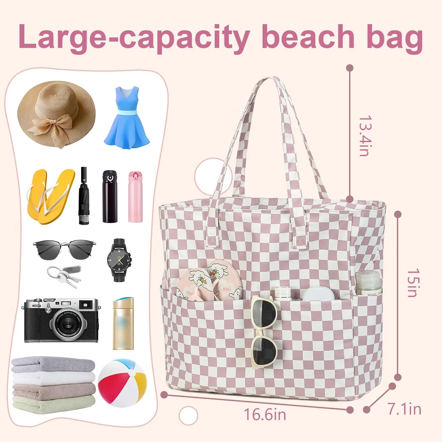 LEDAOU Beach Bag Waterproof Sandproof Women Tote Bag Pool Bag with Zipper for Gym Grocery Travel with Wet Pocket