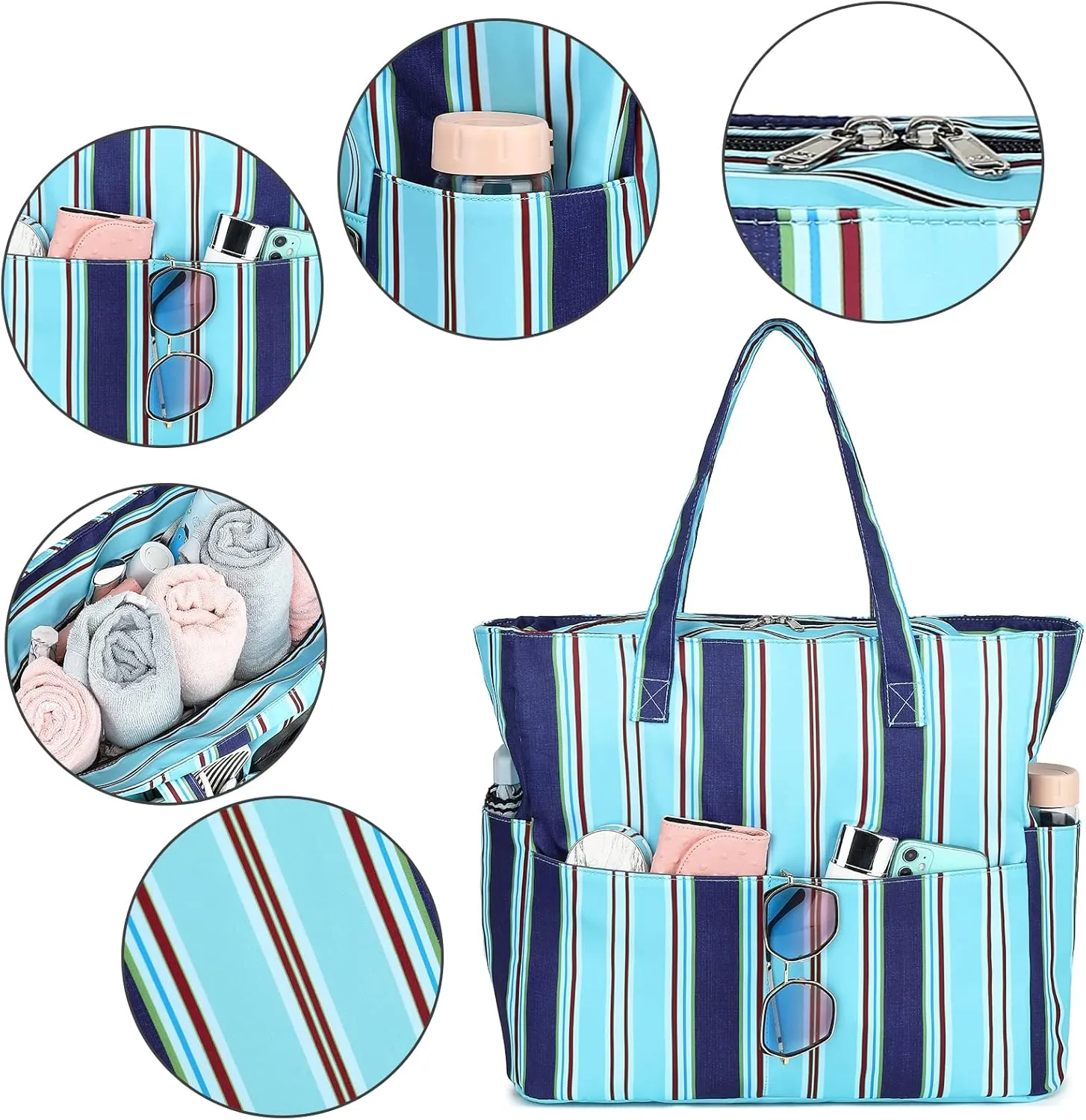 LEDAOU Beach Bag Waterproof Sandproof Women Tote Bag Pool Bag with Zipper for Gym Grocery Travel with Wet Pocket