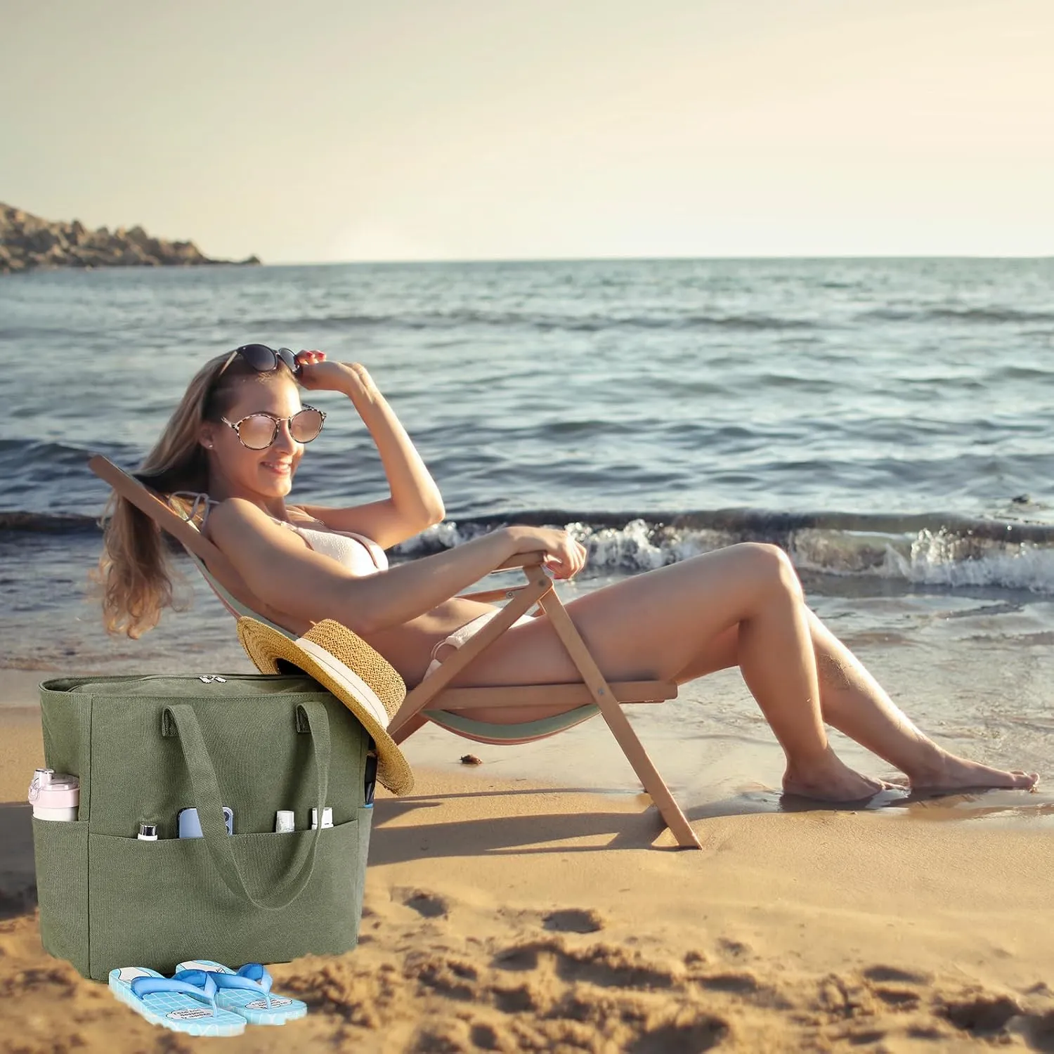 LEDAOU Beach Bag Waterproof Sandproof Women Tote Bag Pool Bag with Zipper for Gym Grocery Travel with Wet Pocket