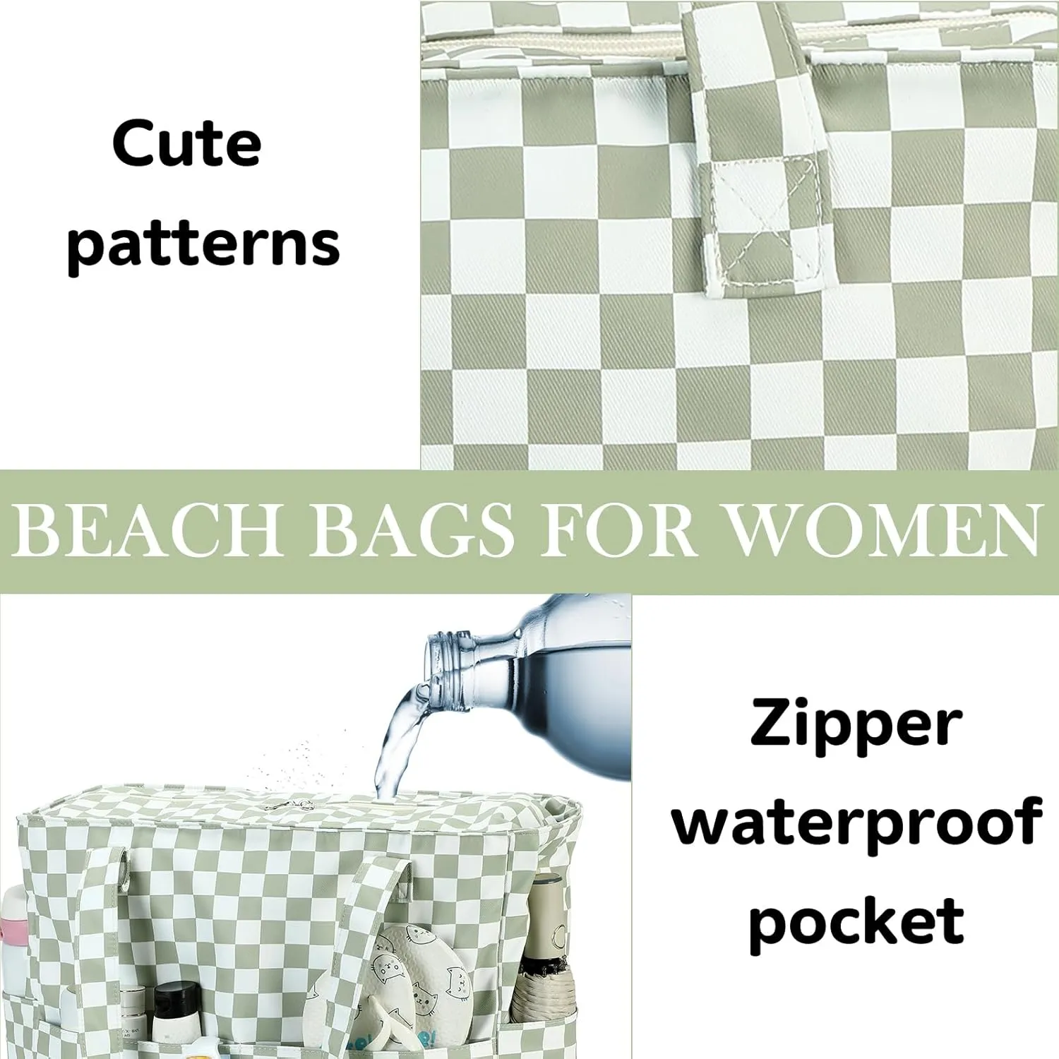 LEDAOU Beach Bag Waterproof Sandproof Women Tote Bag Pool Bag with Zipper for Gym Grocery Travel with Wet Pocket