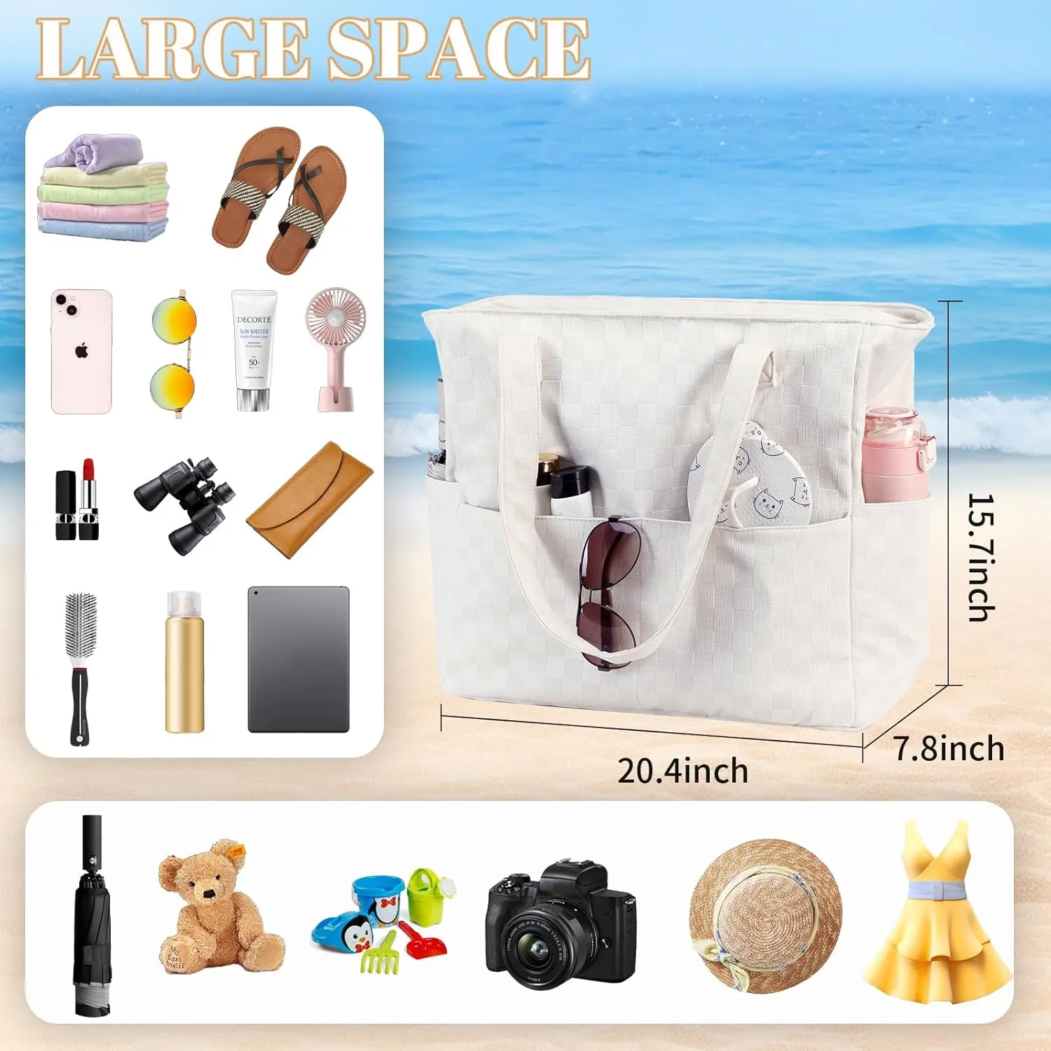 LEDAOU Beach Bag Waterproof Sandproof Women Tote Bag Pool Bag with Zipper for Gym Grocery Travel with Wet Pocket