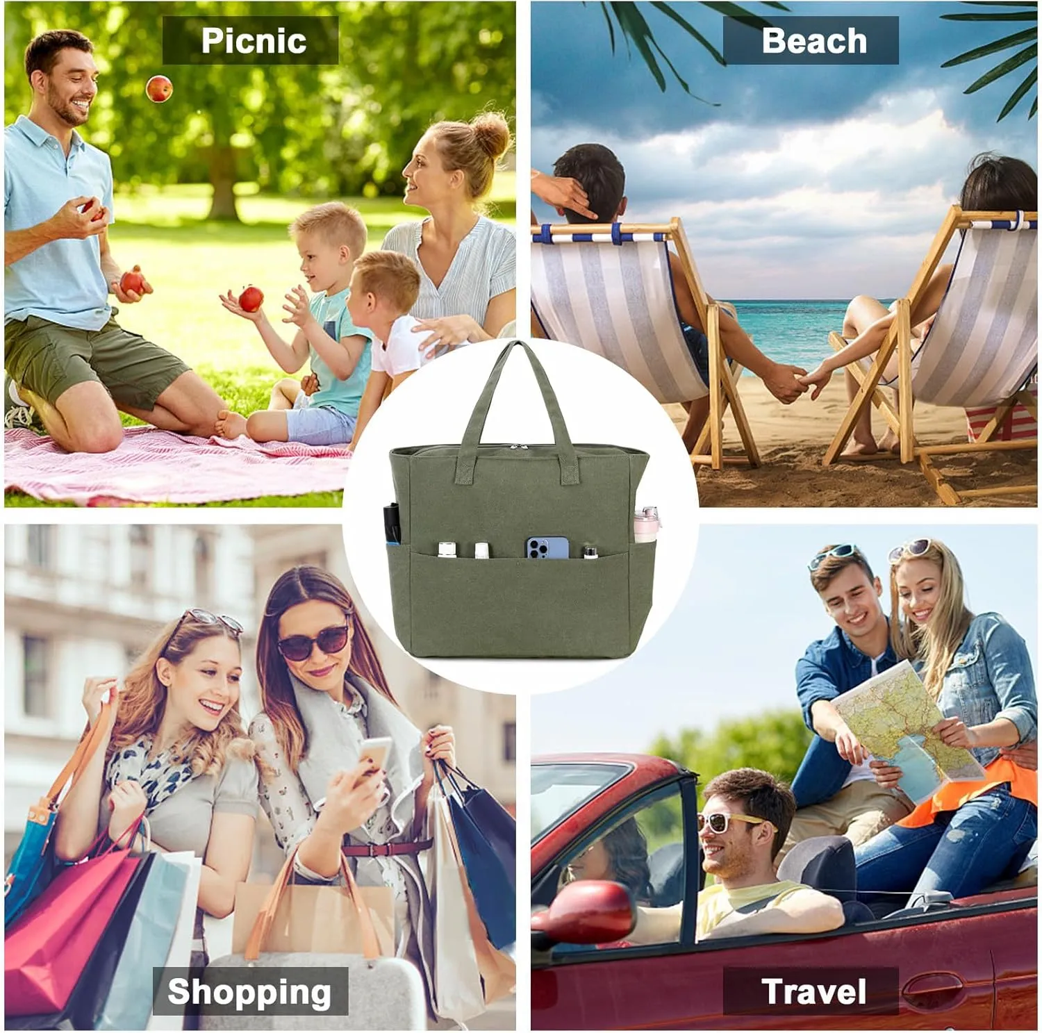 LEDAOU Beach Bag Waterproof Sandproof Women Tote Bag Pool Bag with Zipper for Gym Grocery Travel with Wet Pocket