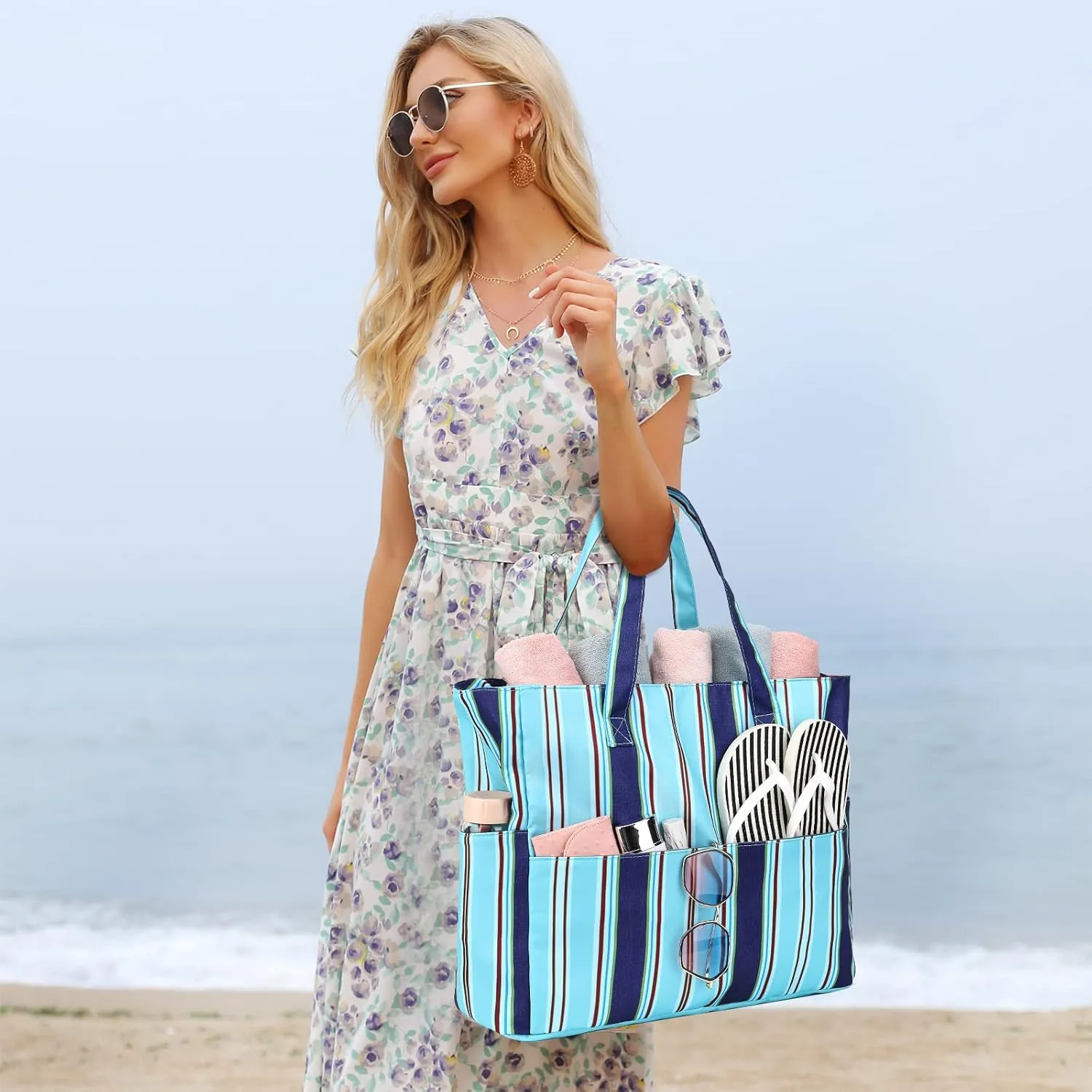 LEDAOU Beach Bag Waterproof Sandproof Women Tote Bag Pool Bag with Zipper for Gym Grocery Travel with Wet Pocket