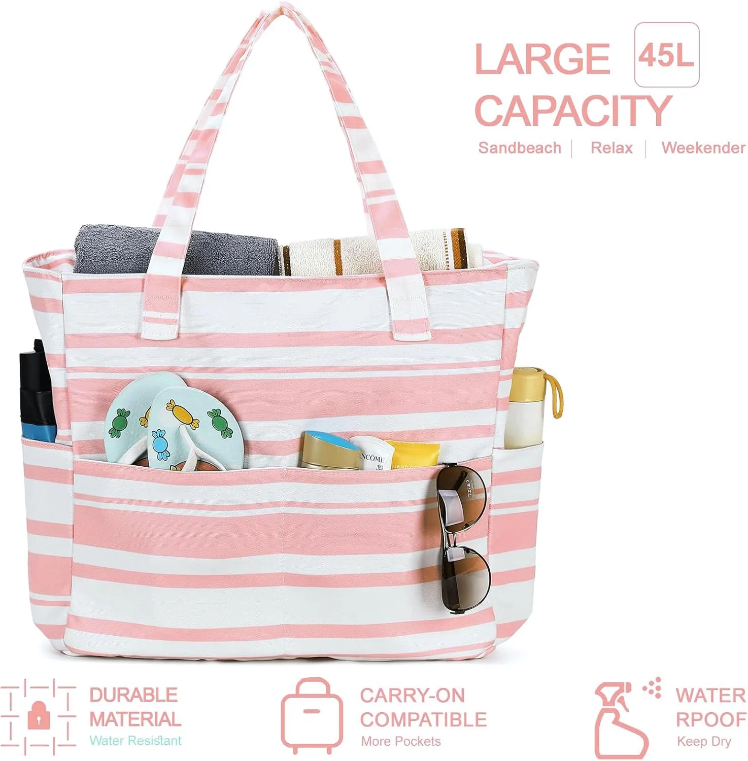 LEDAOU Beach Bag Waterproof Sandproof Women Tote Bag Pool Bag with Zipper for Gym Grocery Travel with Wet Pocket
