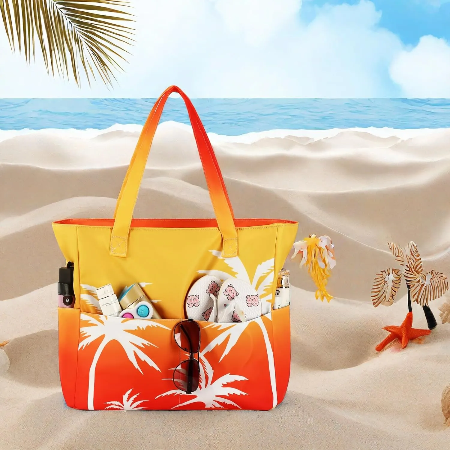 LEDAOU Beach Bag Waterproof Sandproof Women Tote Bag Pool Bag with Zipper for Gym Grocery Travel with Wet Pocket