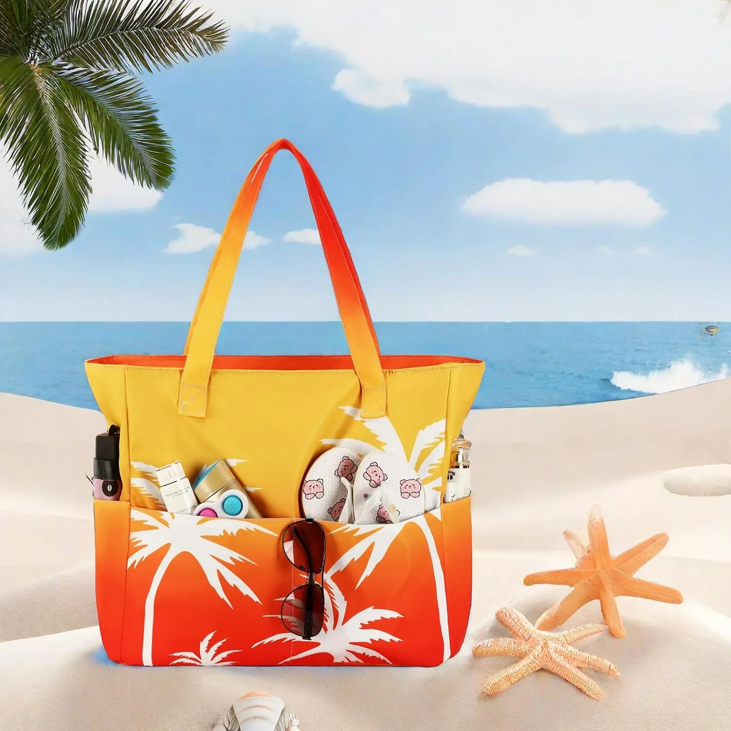LEDAOU Beach Bag Waterproof Sandproof Women Tote Bag Pool Bag with Zipper for Gym Grocery Travel with Wet Pocket