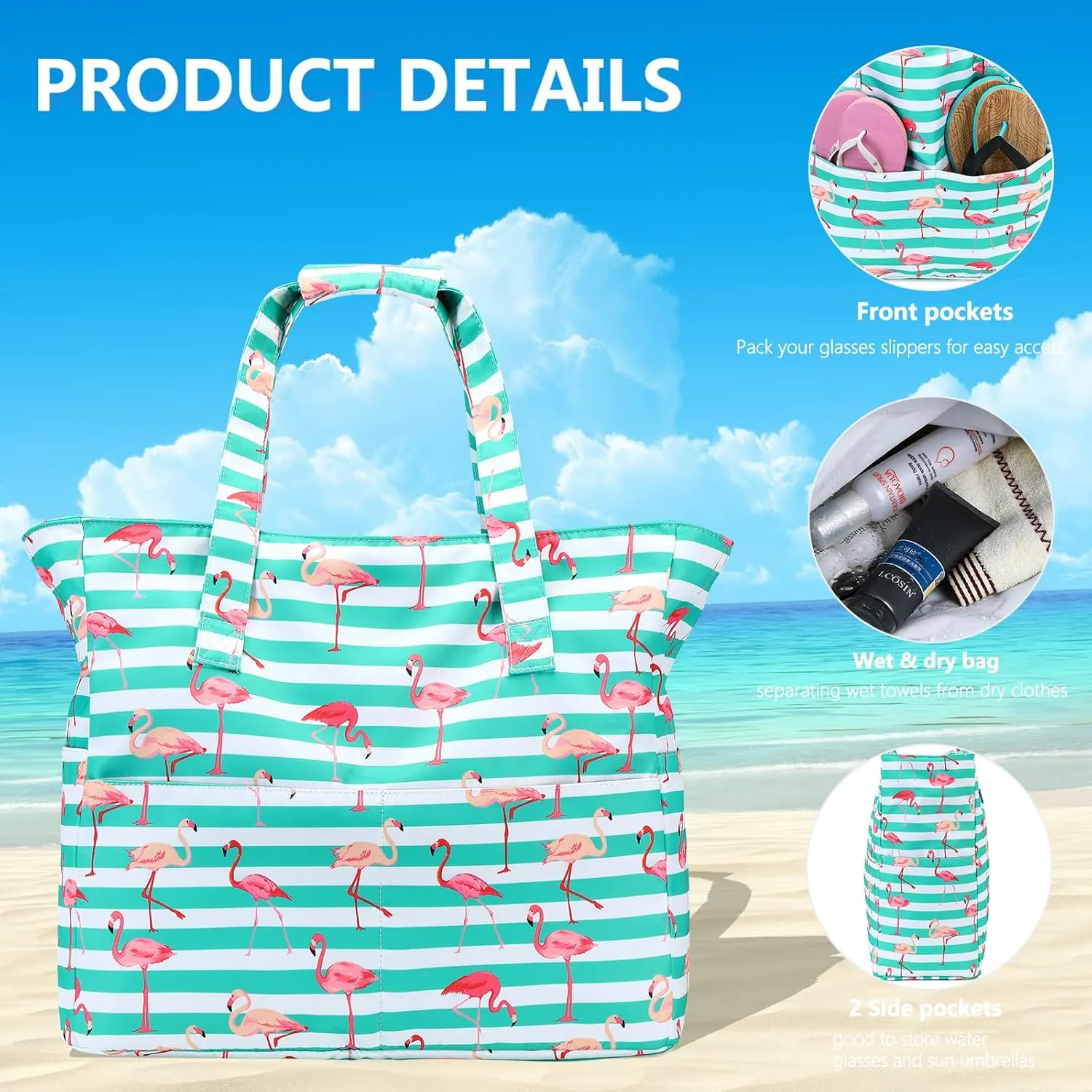 LEDAOU Large Beach Tote Bag Women Waterproof Sandproof Zipper Beach Tote Bag for Pool Gym Grocery Travel with Wet Pocket