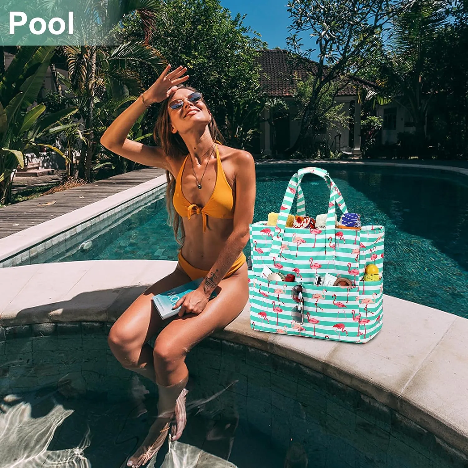 LEDAOU Large Beach Tote Bag Women Waterproof Sandproof Zipper Beach Tote Bag for Pool Gym Grocery Travel with Wet Pocket
