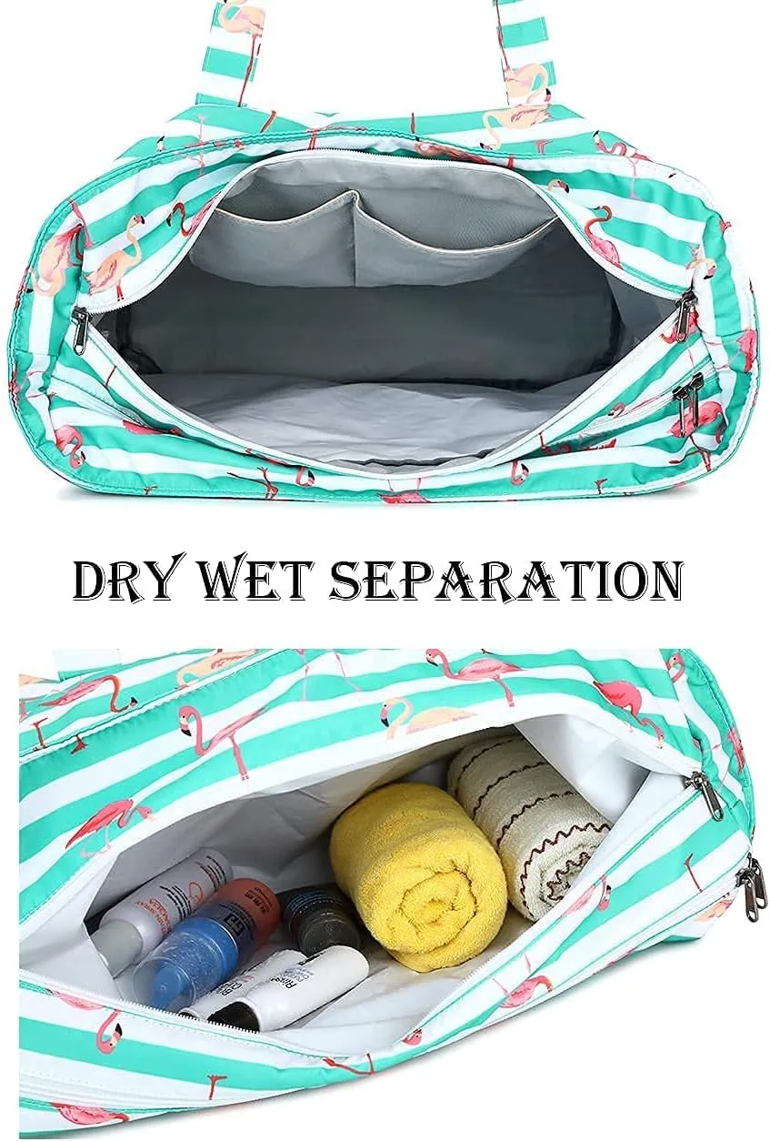 LEDAOU Large Beach Tote Bag Women Waterproof Sandproof Zipper Beach Tote Bag for Pool Gym Grocery Travel with Wet Pocket