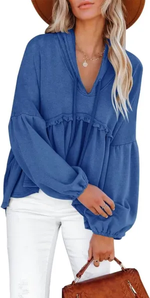 Limerose Womens Tunic Top Casual Long Sleeves Peplum Babydoll Ruffle Knit Hoodies Pullover