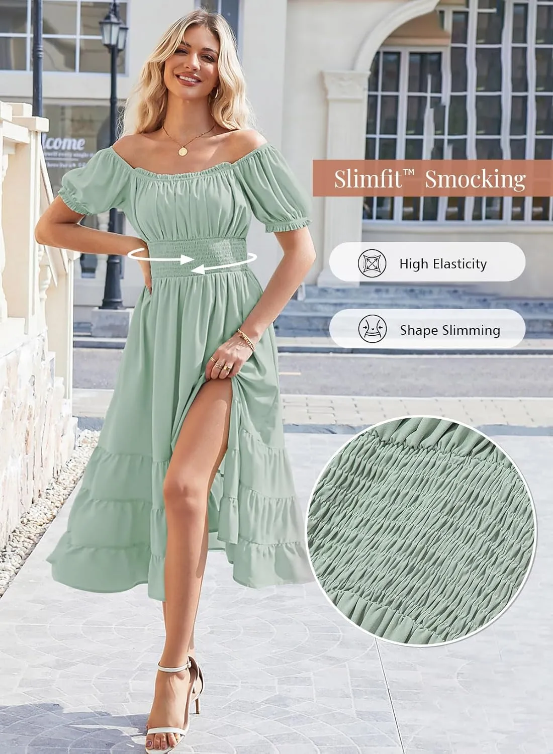Linsery Women's Summer Square Neck Short Puff Sleeve Casual Smocked Flowy A Line Tiered Split Midi Dress