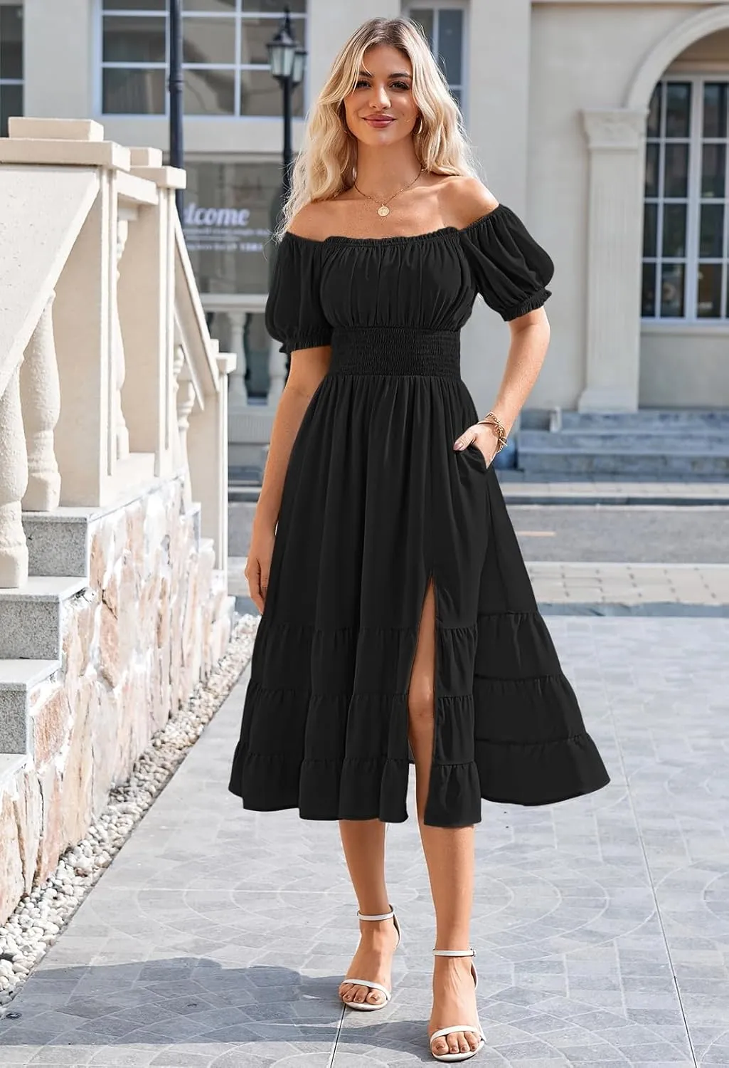 Linsery Women's Summer Square Neck Short Puff Sleeve Casual Smocked Flowy A Line Tiered Split Midi Dress