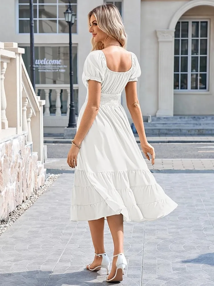 Linsery Women's Summer Square Neck Short Puff Sleeve Casual Smocked Flowy A Line Tiered Split Midi Dress