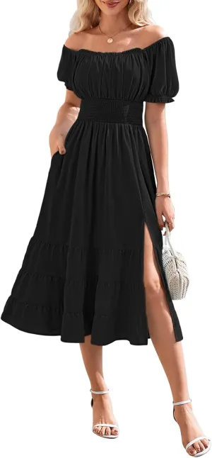Linsery Women's Summer Square Neck Short Puff Sleeve Casual Smocked Flowy A Line Tiered Split Midi Dress