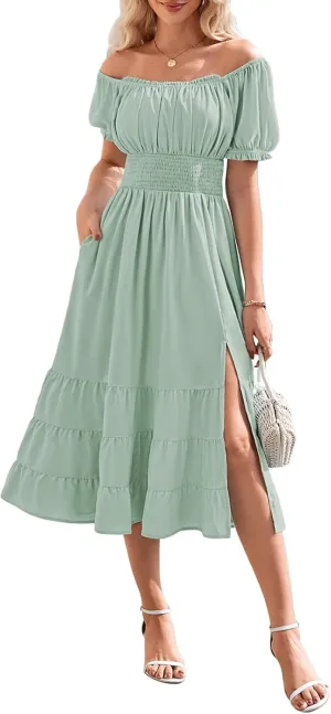 Linsery Women's Summer Square Neck Short Puff Sleeve Casual Smocked Flowy A Line Tiered Split Midi Dress