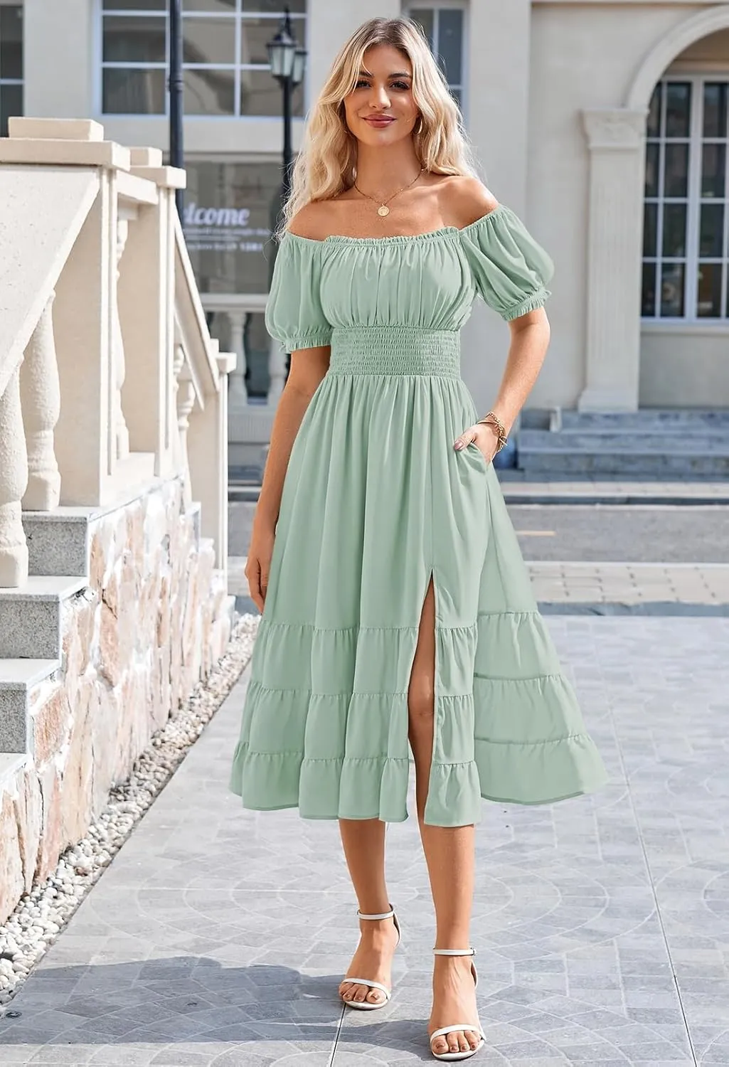Linsery Women's Summer Square Neck Short Puff Sleeve Casual Smocked Flowy A Line Tiered Split Midi Dress