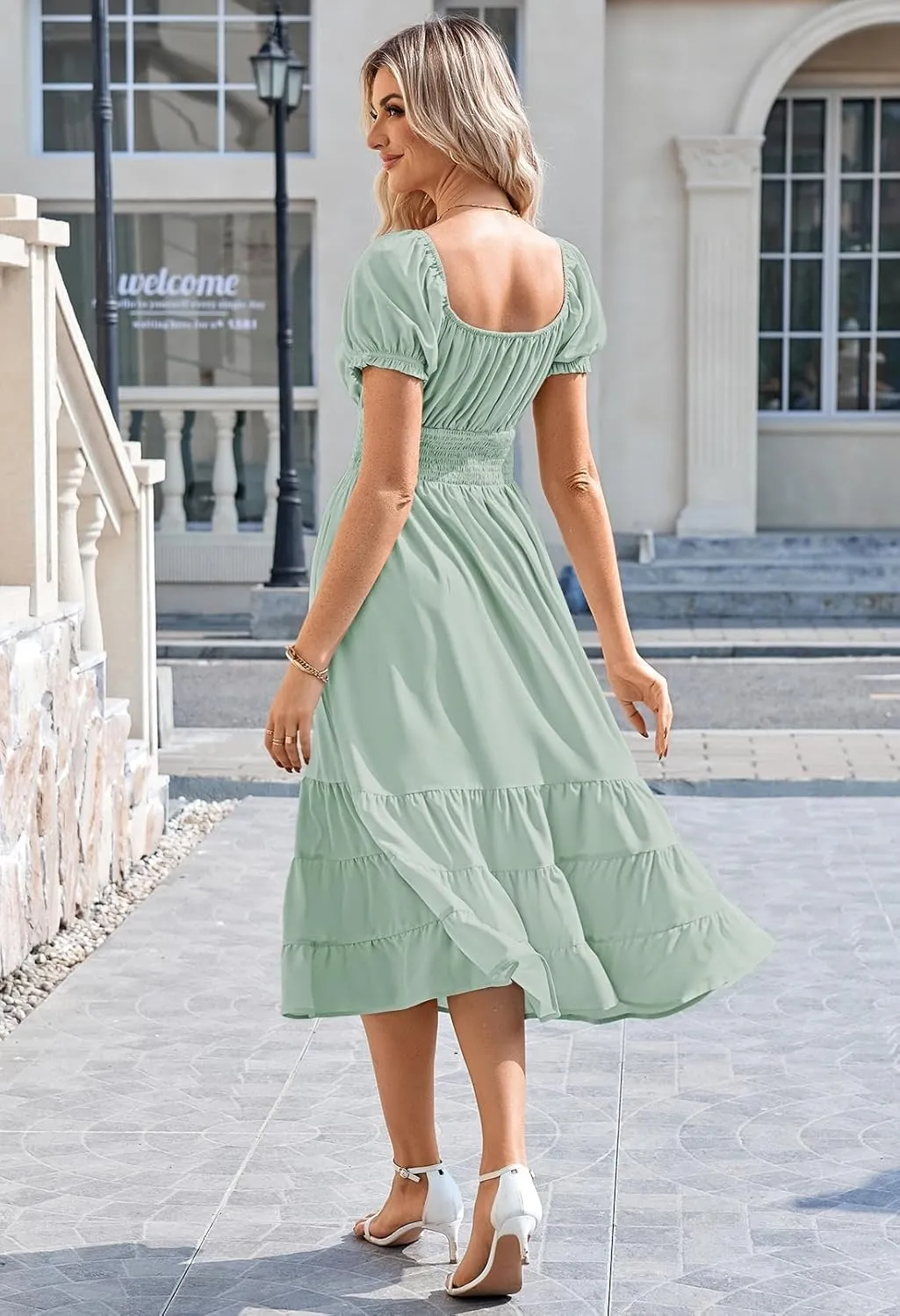 Linsery Women's Summer Square Neck Short Puff Sleeve Casual Smocked Flowy A Line Tiered Split Midi Dress