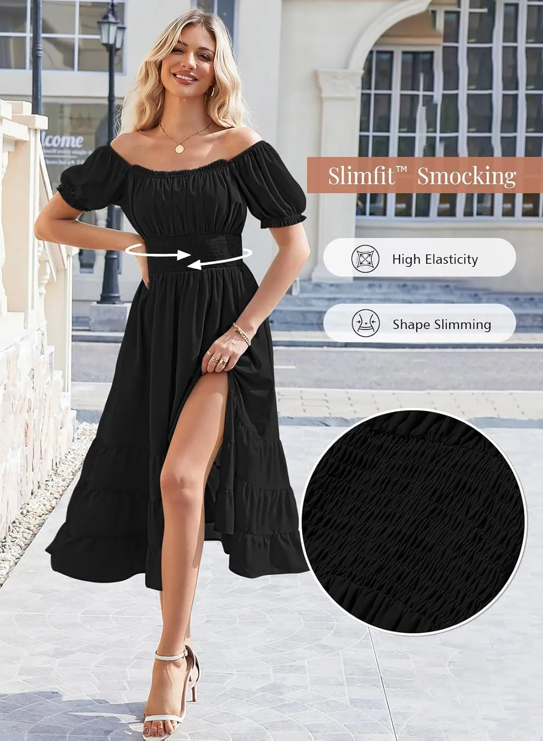 Linsery Women's Summer Square Neck Short Puff Sleeve Casual Smocked Flowy A Line Tiered Split Midi Dress