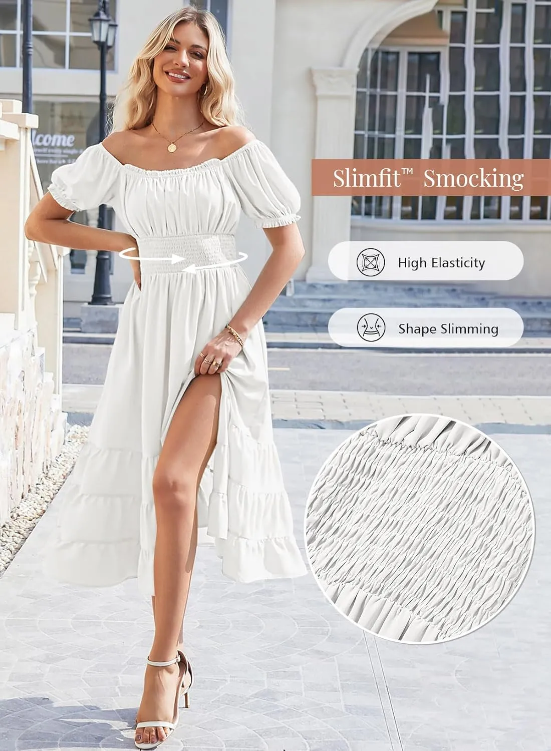 Linsery Women's Summer Square Neck Short Puff Sleeve Casual Smocked Flowy A Line Tiered Split Midi Dress