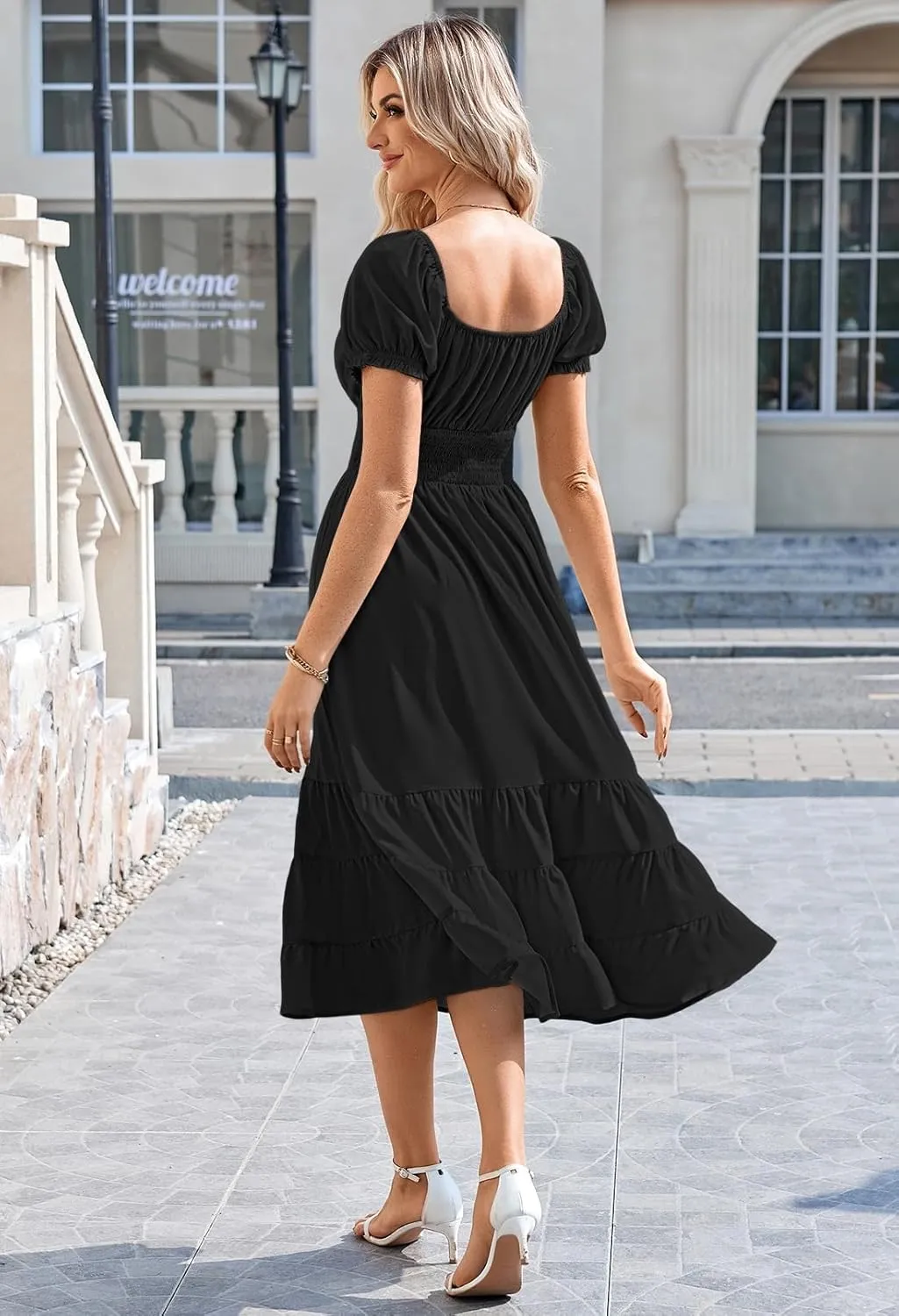 Linsery Women's Summer Square Neck Short Puff Sleeve Casual Smocked Flowy A Line Tiered Split Midi Dress