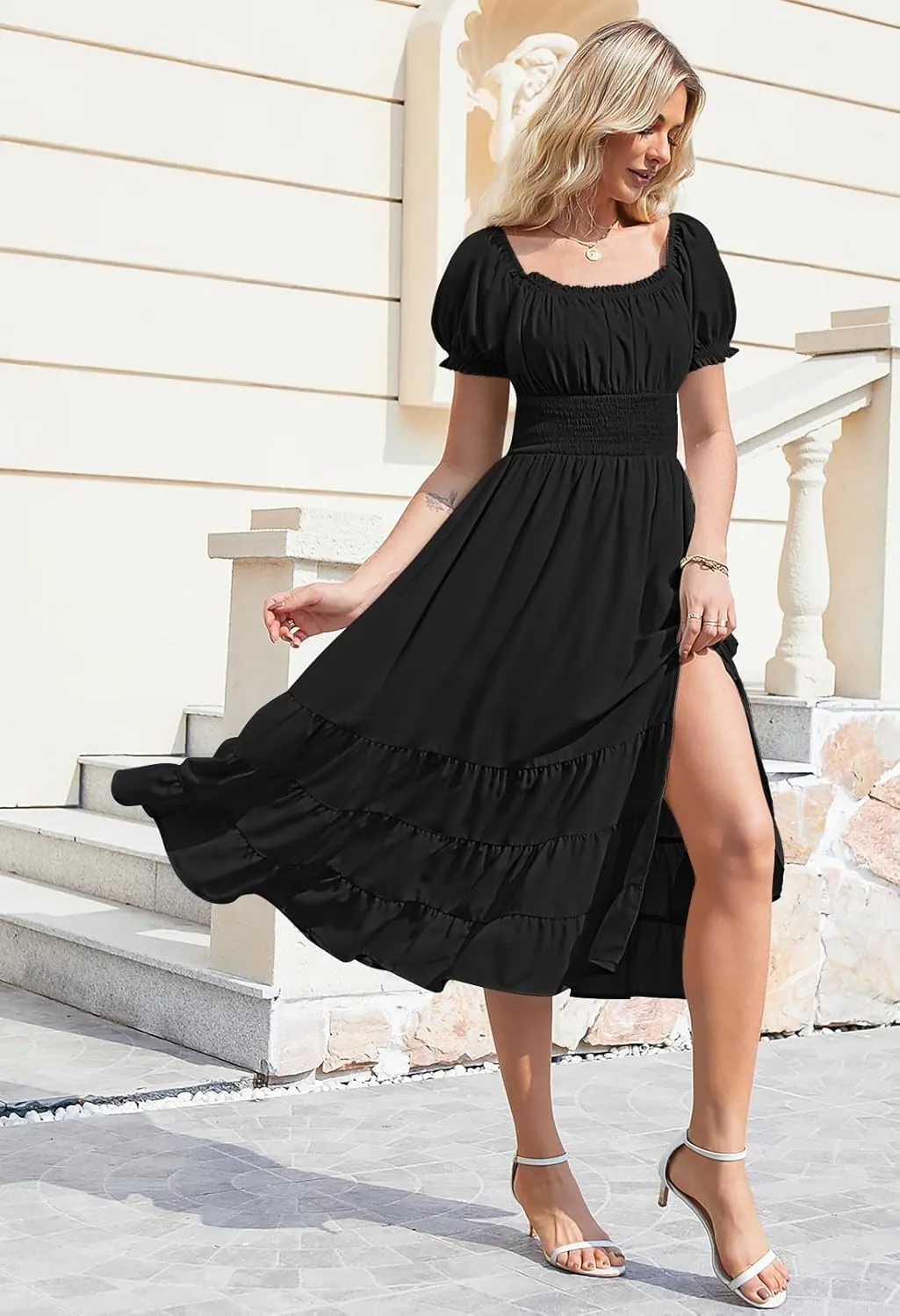 Linsery Women's Summer Square Neck Short Puff Sleeve Casual Smocked Flowy A Line Tiered Split Midi Dress