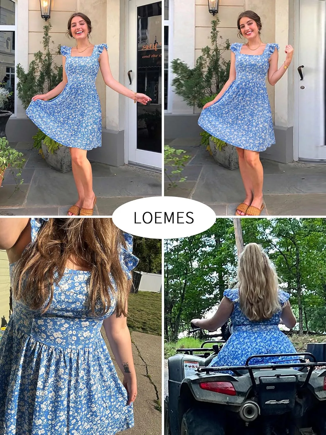 Loemes Summer Casual Cute Floral Flowy Square Neck Sundressses with Pocket Beach Dress for Women