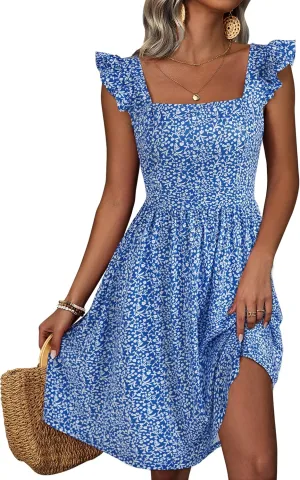 Loemes Summer Casual Cute Floral Flowy Square Neck Sundressses with Pocket Beach Dress for Women