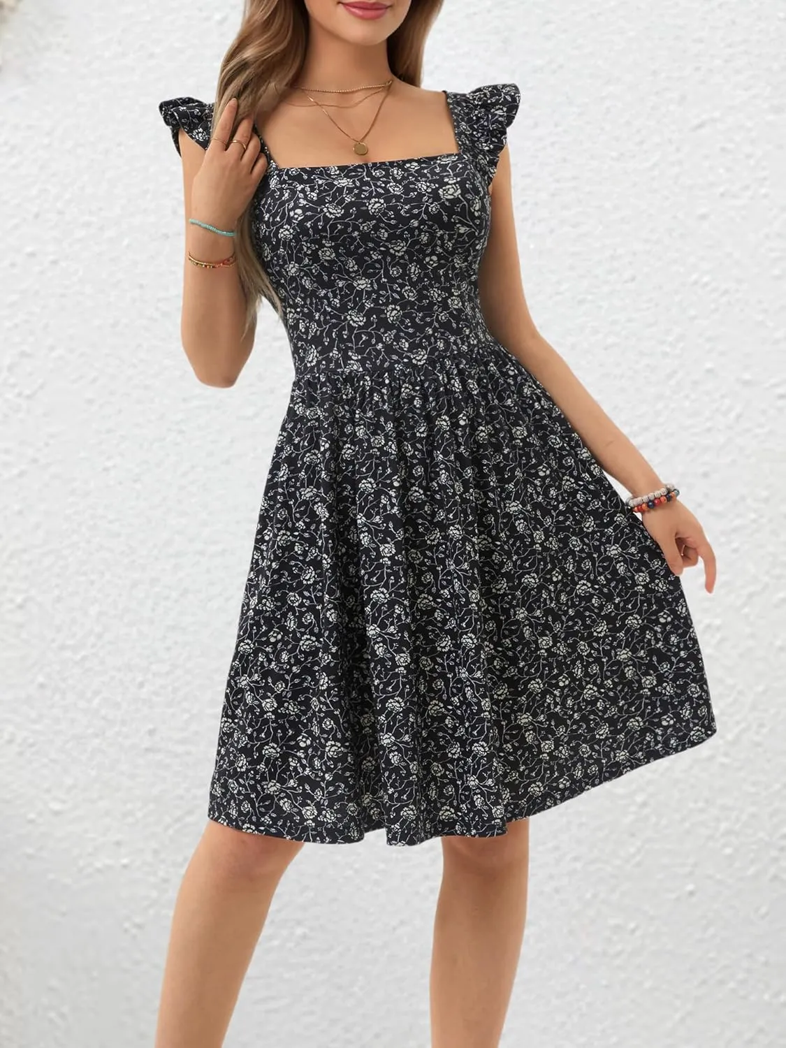 Loemes Summer Casual Cute Floral Flowy Square Neck Sundressses with Pocket Beach Dress for Women