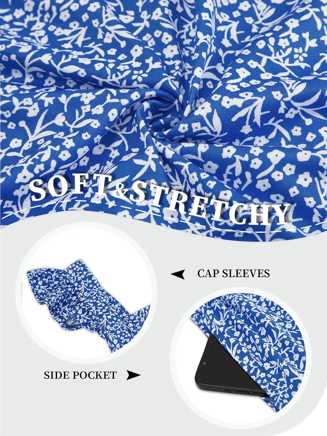 Loemes Summer Casual Cute Floral Flowy Square Neck Sundressses with Pocket Beach Dress for Women