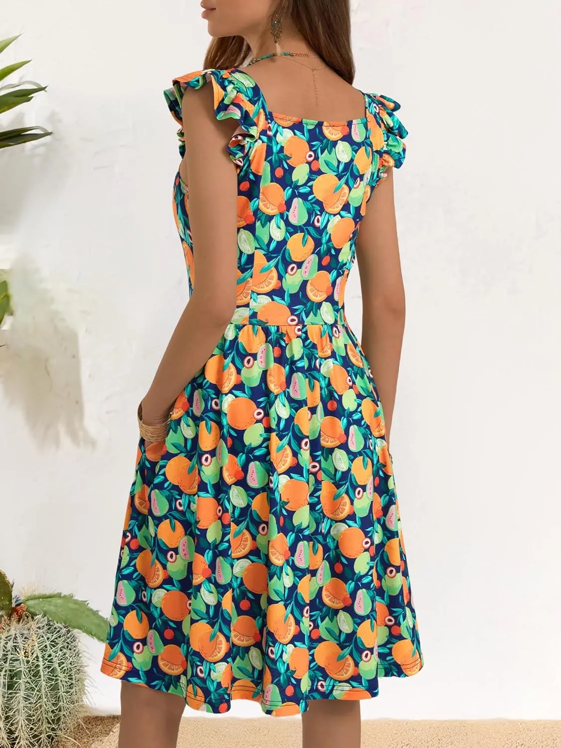 Loemes Summer Casual Cute Floral Flowy Square Neck Sundressses with Pocket Beach Dress for Women