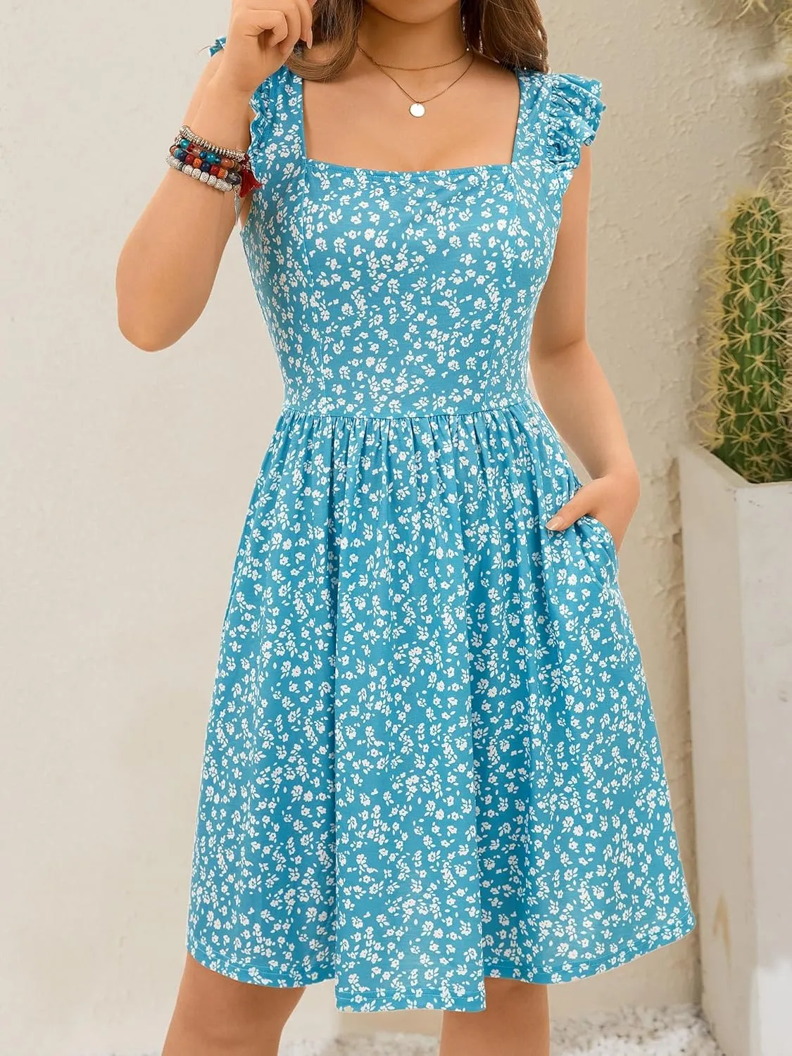 Loemes Summer Casual Cute Floral Flowy Square Neck Sundressses with Pocket Beach Dress for Women