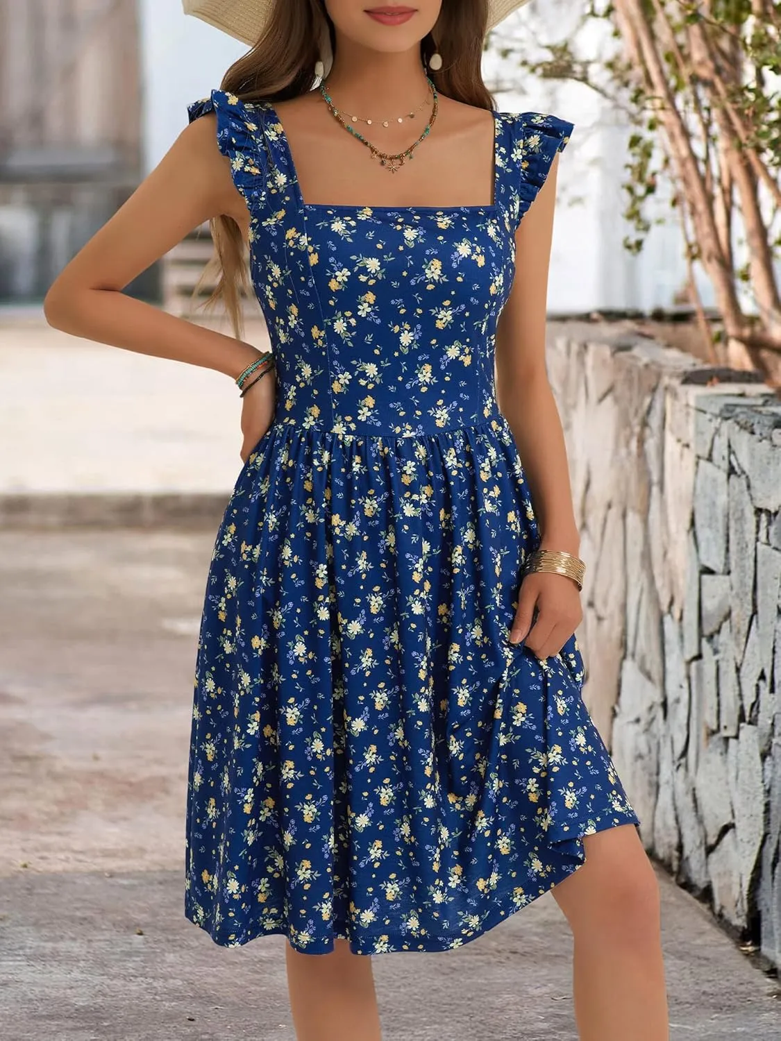 Loemes Summer Casual Cute Floral Flowy Square Neck Sundressses with Pocket Beach Dress for Women