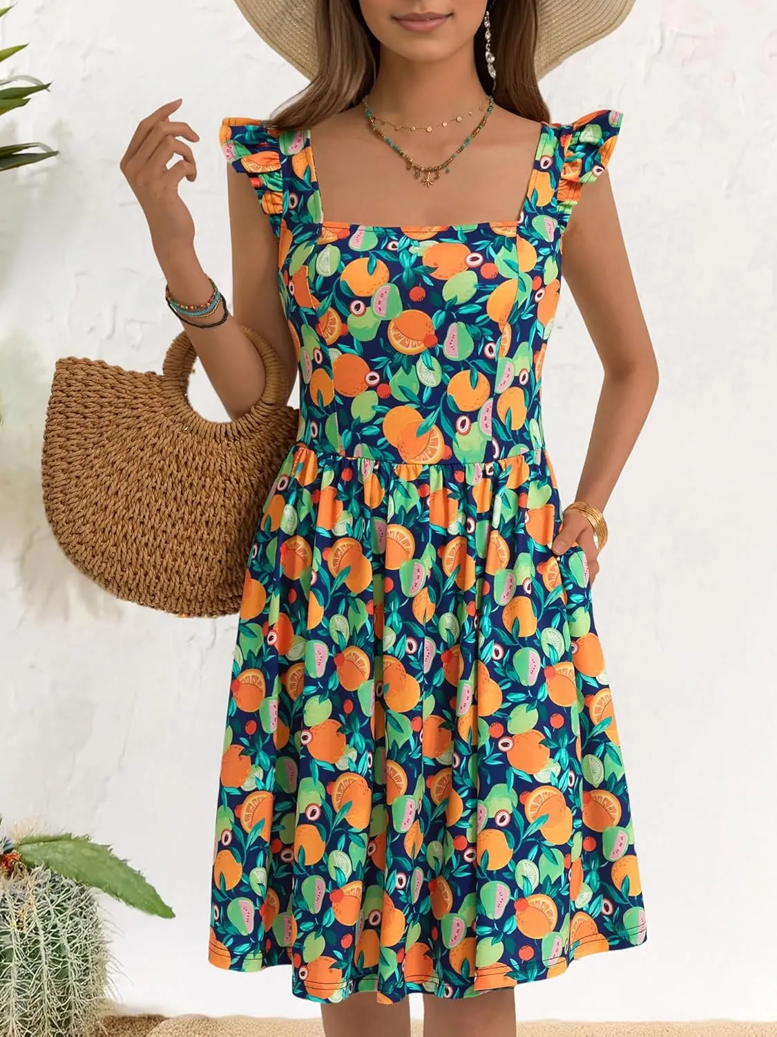 Loemes Summer Casual Cute Floral Flowy Square Neck Sundressses with Pocket Beach Dress for Women