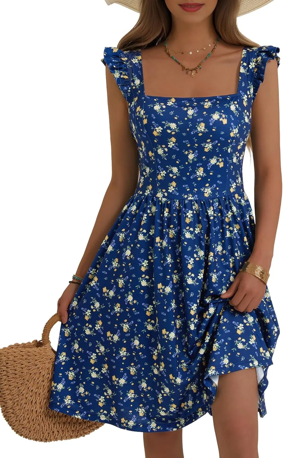 Loemes Summer Casual Cute Floral Flowy Square Neck Sundressses with Pocket Beach Dress for Women
