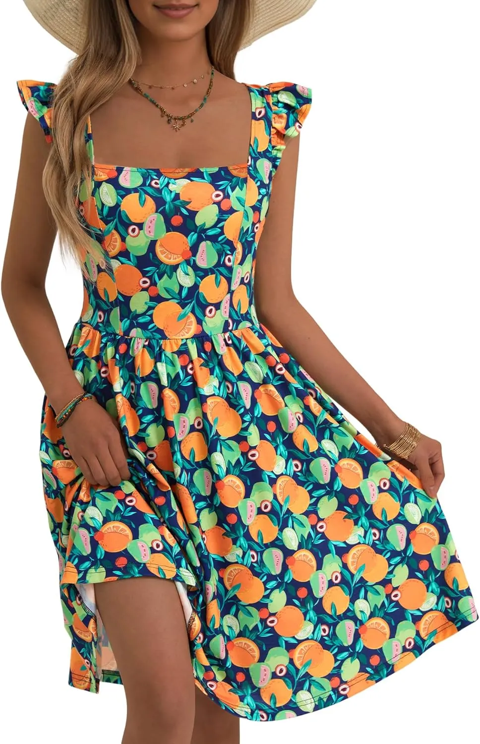 Loemes Summer Casual Cute Floral Flowy Square Neck Sundressses with Pocket Beach Dress for Women