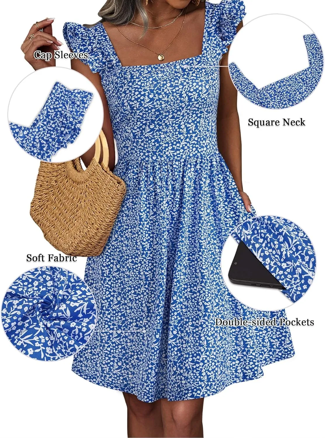 Loemes Summer Casual Cute Floral Flowy Square Neck Sundressses with Pocket Beach Dress for Women