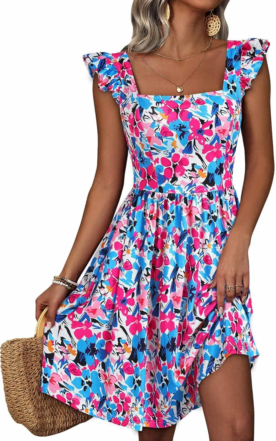 Loemes Summer Casual Cute Floral Flowy Square Neck Sundressses with Pocket Beach Dress for Women