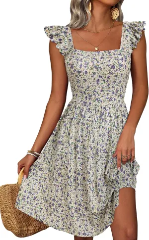 Loemes Summer Casual Cute Floral Flowy Square Neck Sundressses with Pocket Beach Dress for Women