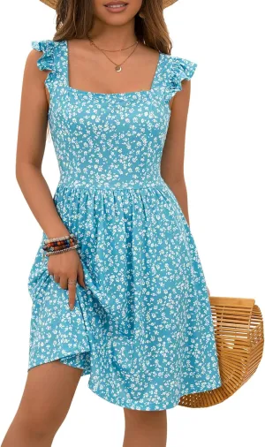 Loemes Summer Casual Cute Floral Flowy Square Neck Sundressses with Pocket Beach Dress for Women