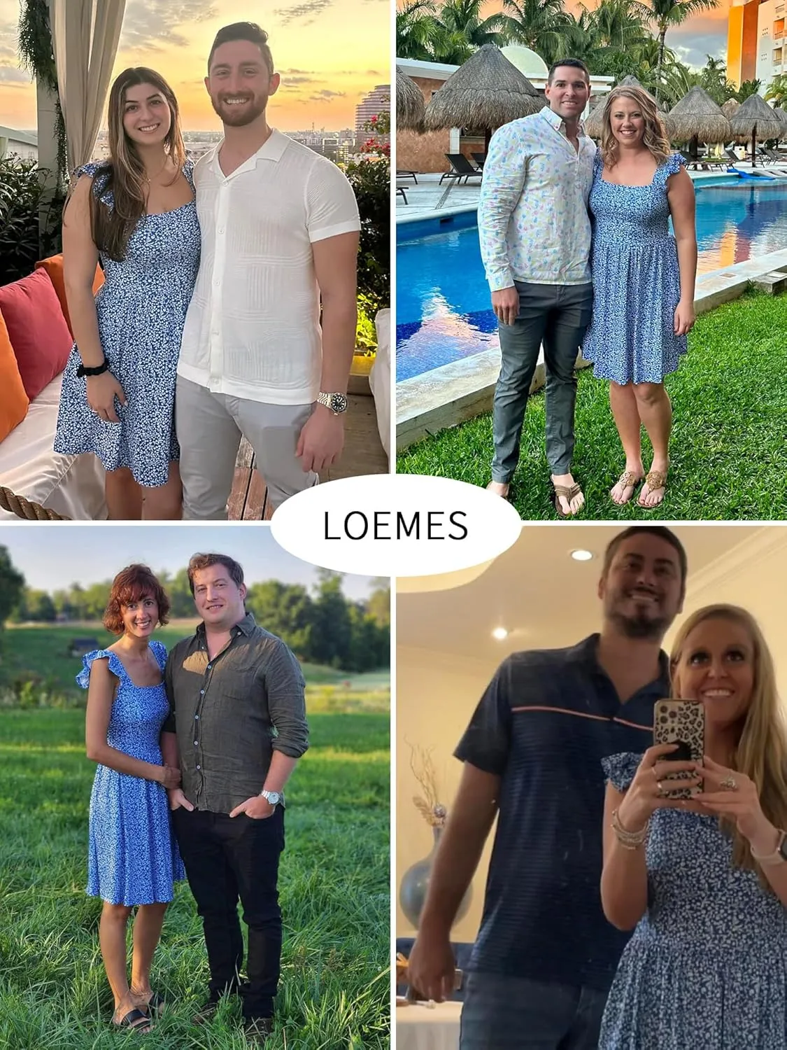 Loemes Summer Casual Cute Floral Flowy Square Neck Sundressses with Pocket Beach Dress for Women