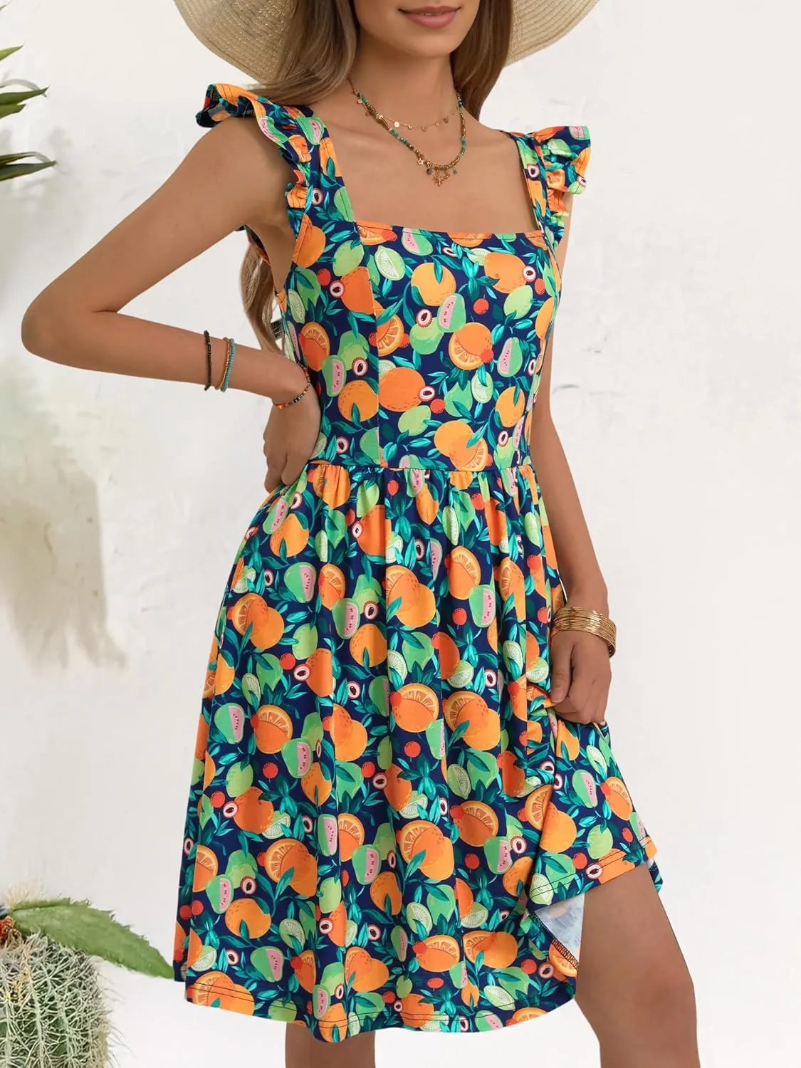 Loemes Summer Casual Cute Floral Flowy Square Neck Sundressses with Pocket Beach Dress for Women