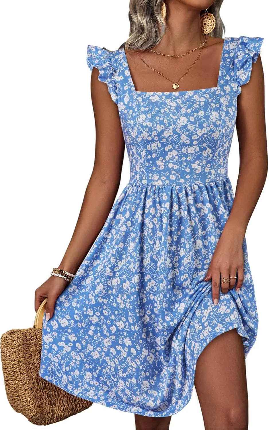 Loemes Summer Casual Cute Floral Flowy Square Neck Sundressses with Pocket Beach Dress for Women