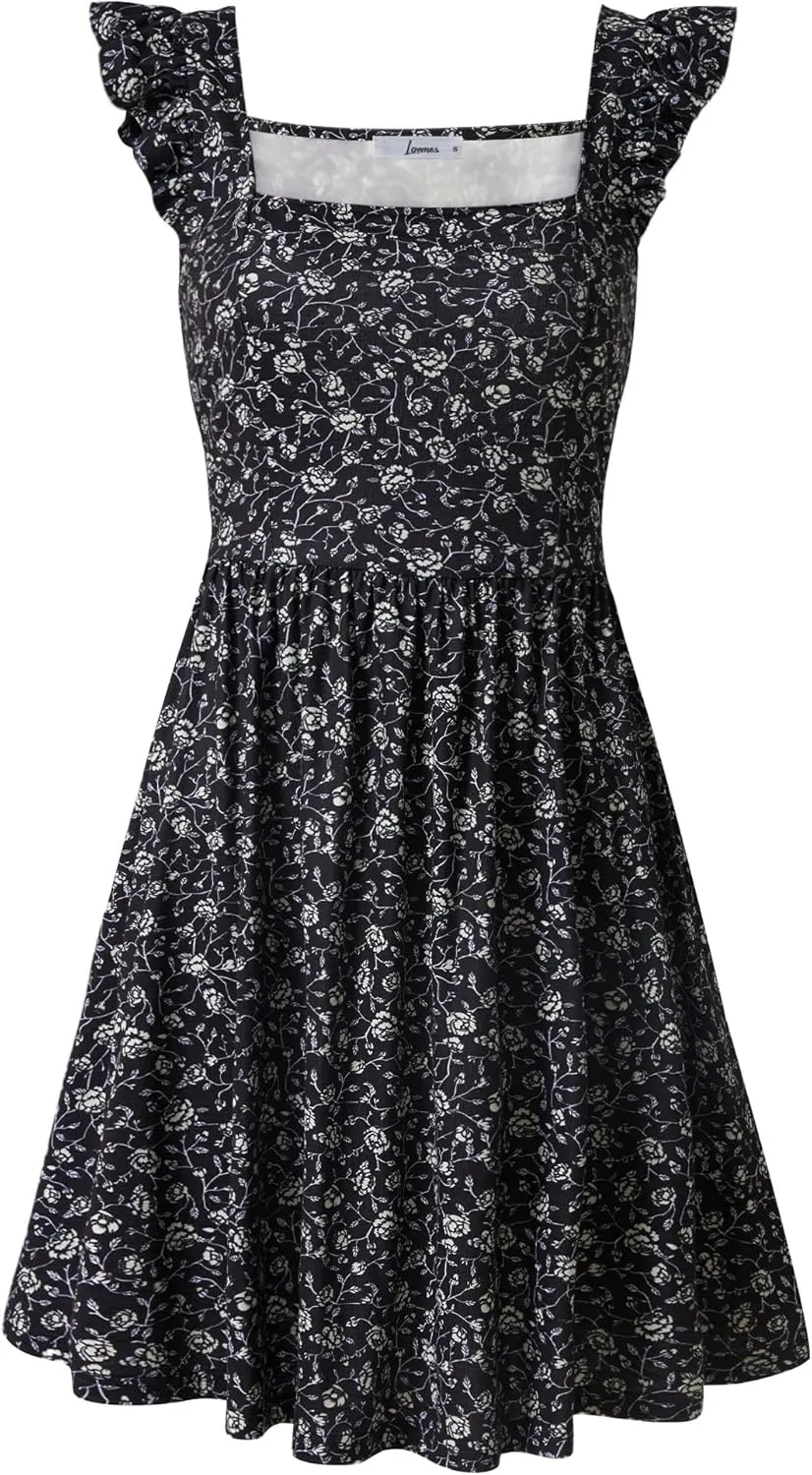 Loemes Summer Casual Cute Floral Flowy Square Neck Sundressses with Pocket Beach Dress for Women